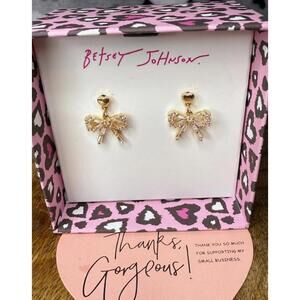 Betsey Johnson Gold Bow Stud Earrings Crystal Rhinestone NWT